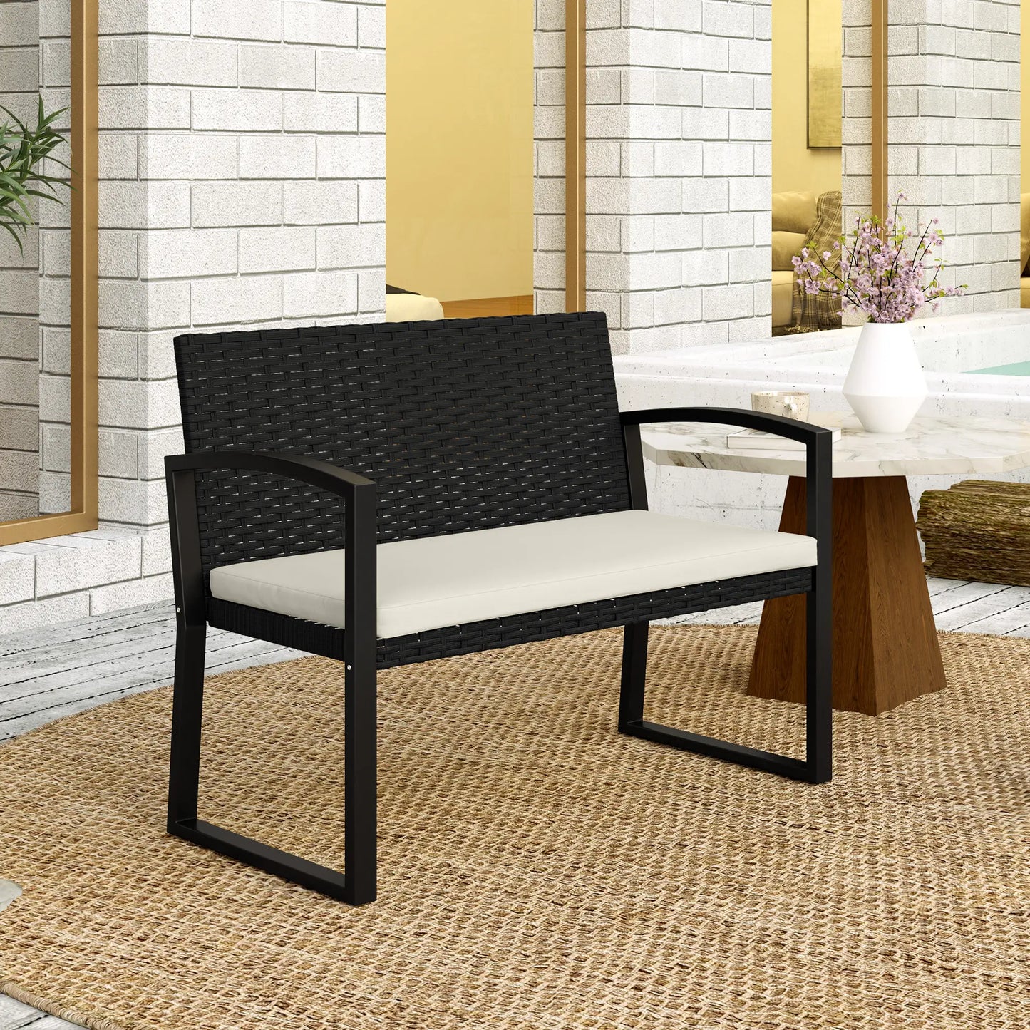 2 Seater Rattan Garden Bench Loveseat, With Cushion And Armrests, Beige Patio Chairs at Gallery Canada