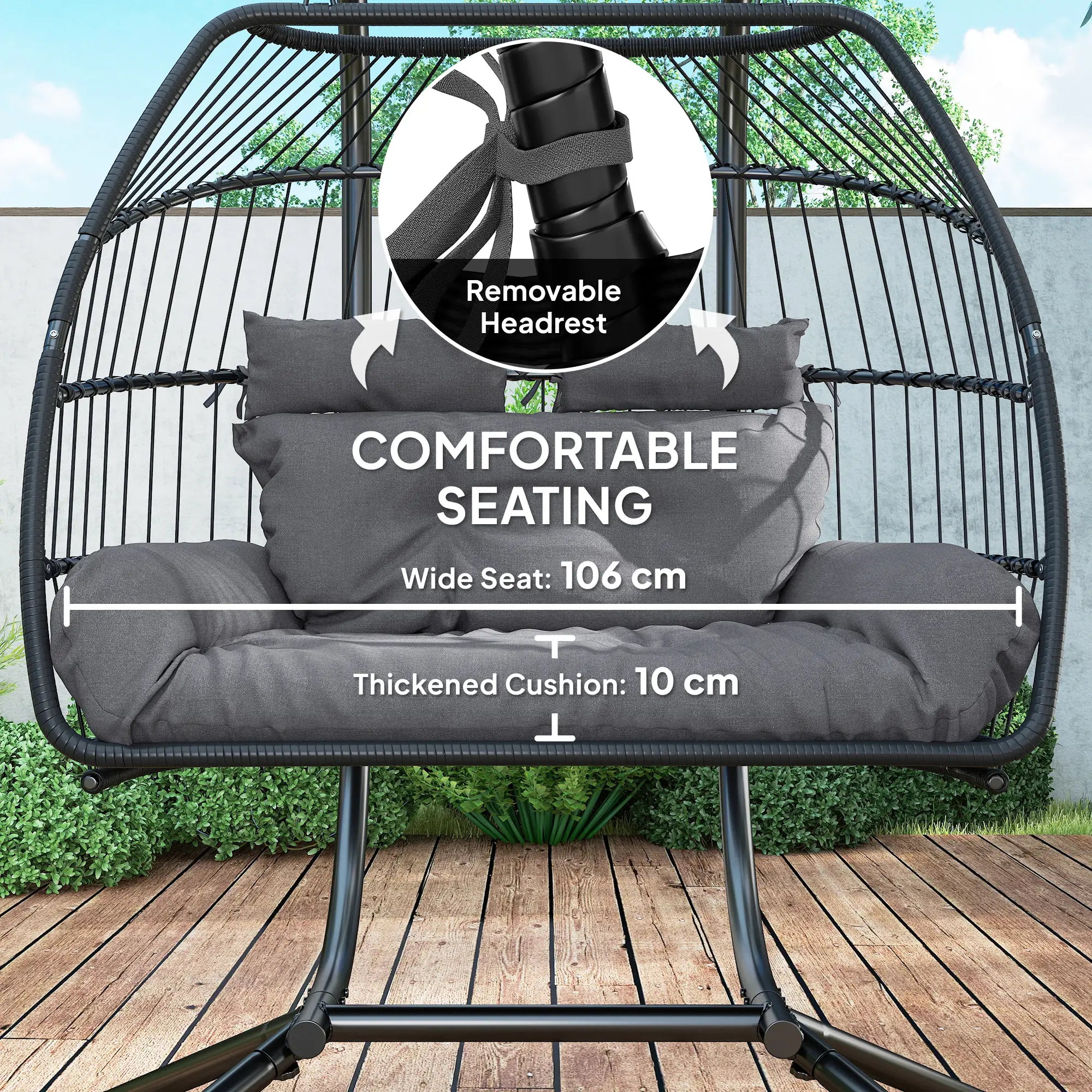 Double Wicker Egg Swing Chair, Foldable with Stand, UV Resistant Cushion, Headrest, Dark Grey Patio Swings with Stand at Gallery Canada