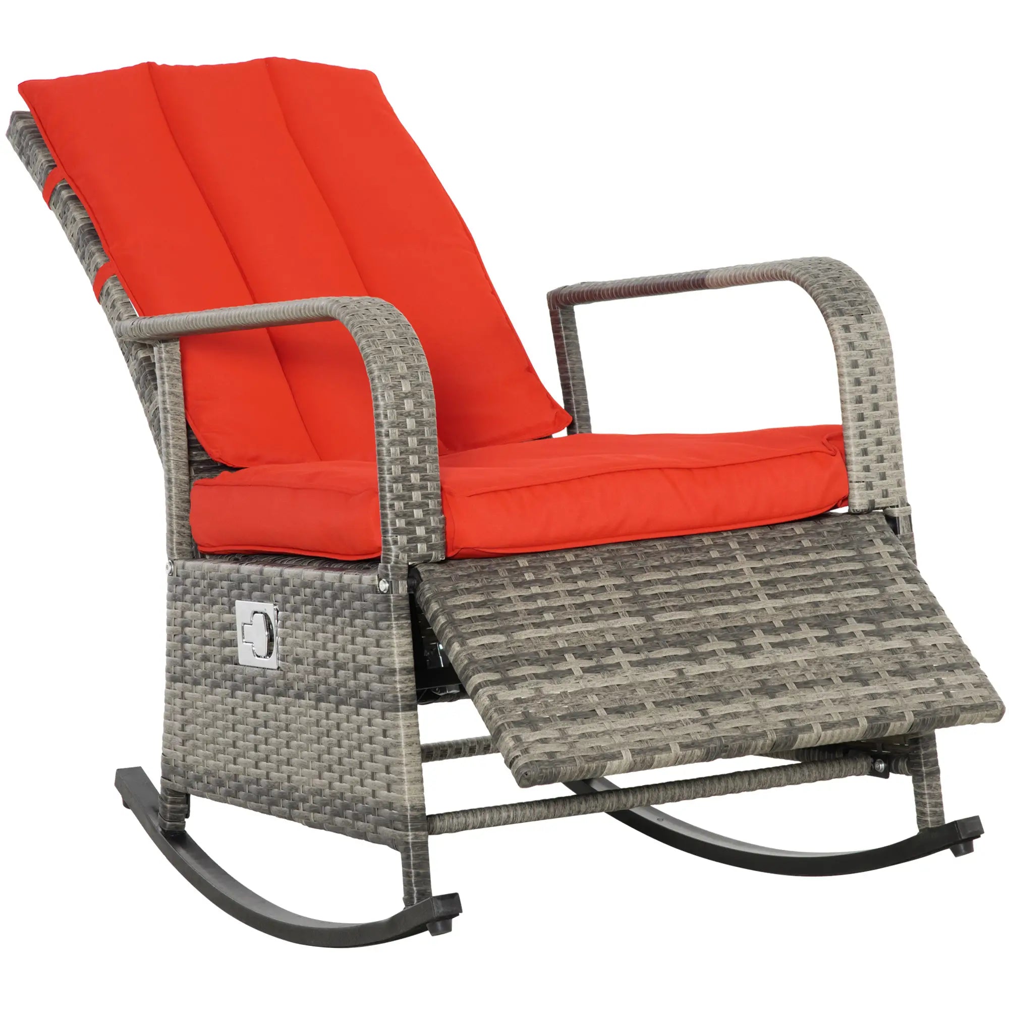 Outdoor Wicker Rocking Chair with Cushion, PE Rattan Recliner, Adjustable Footrest, Red Outdoor Rocking Chairs Brown Rattan, Red Cushion at Gallery Canada