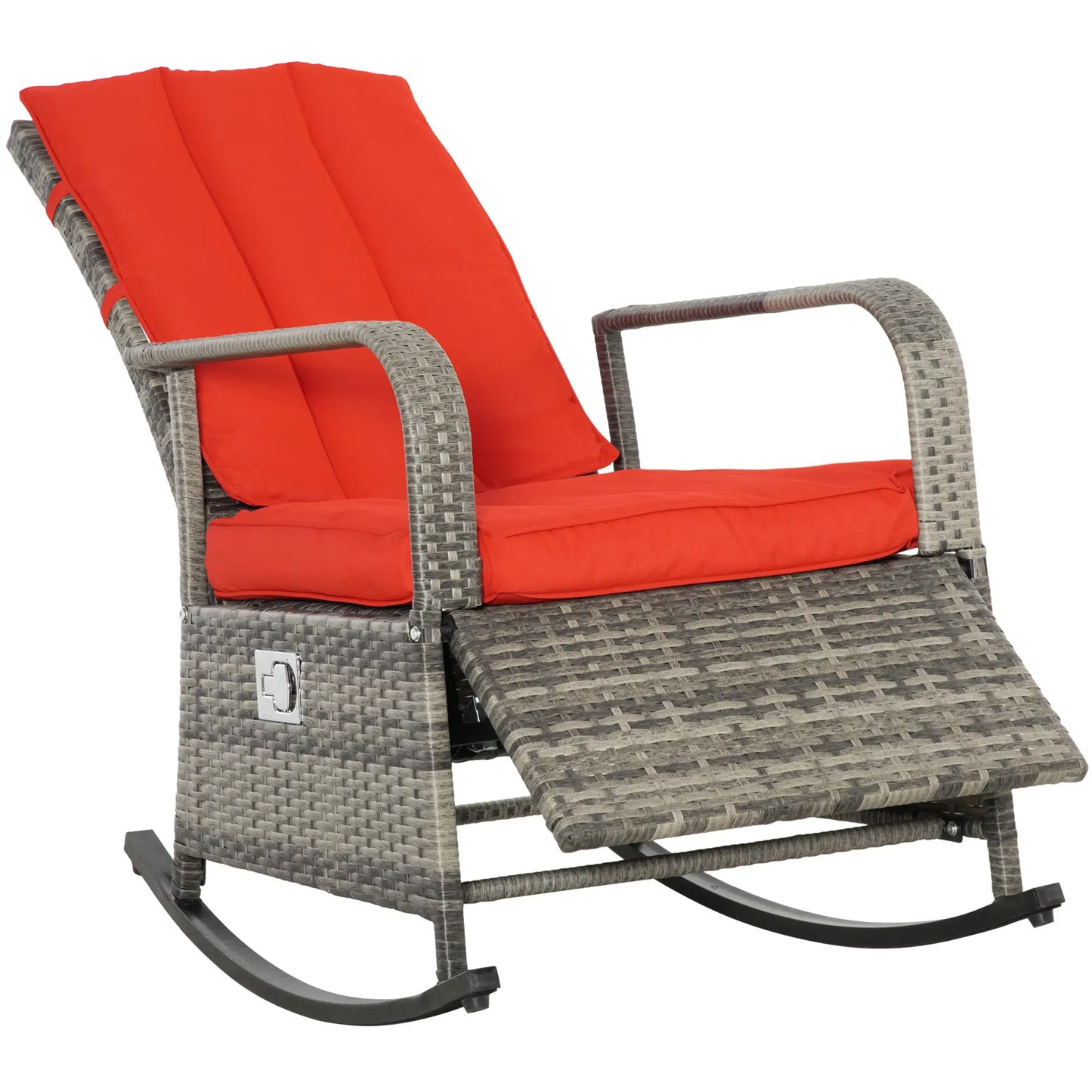 Outdoor Wicker Rocking Chair with Cushion, PE Rattan Recliner, Adjustable Footrest, Red Outdoor Rocking Chairs Brown Rattan, Red Cushion at Gallery Canada