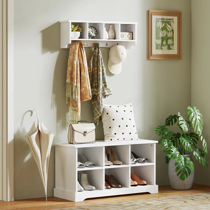 Wall Mount Coat Rack with Shelf, 28", 5 Hooks, 4 Compartments, White Clothing Storage at Gallery Canada