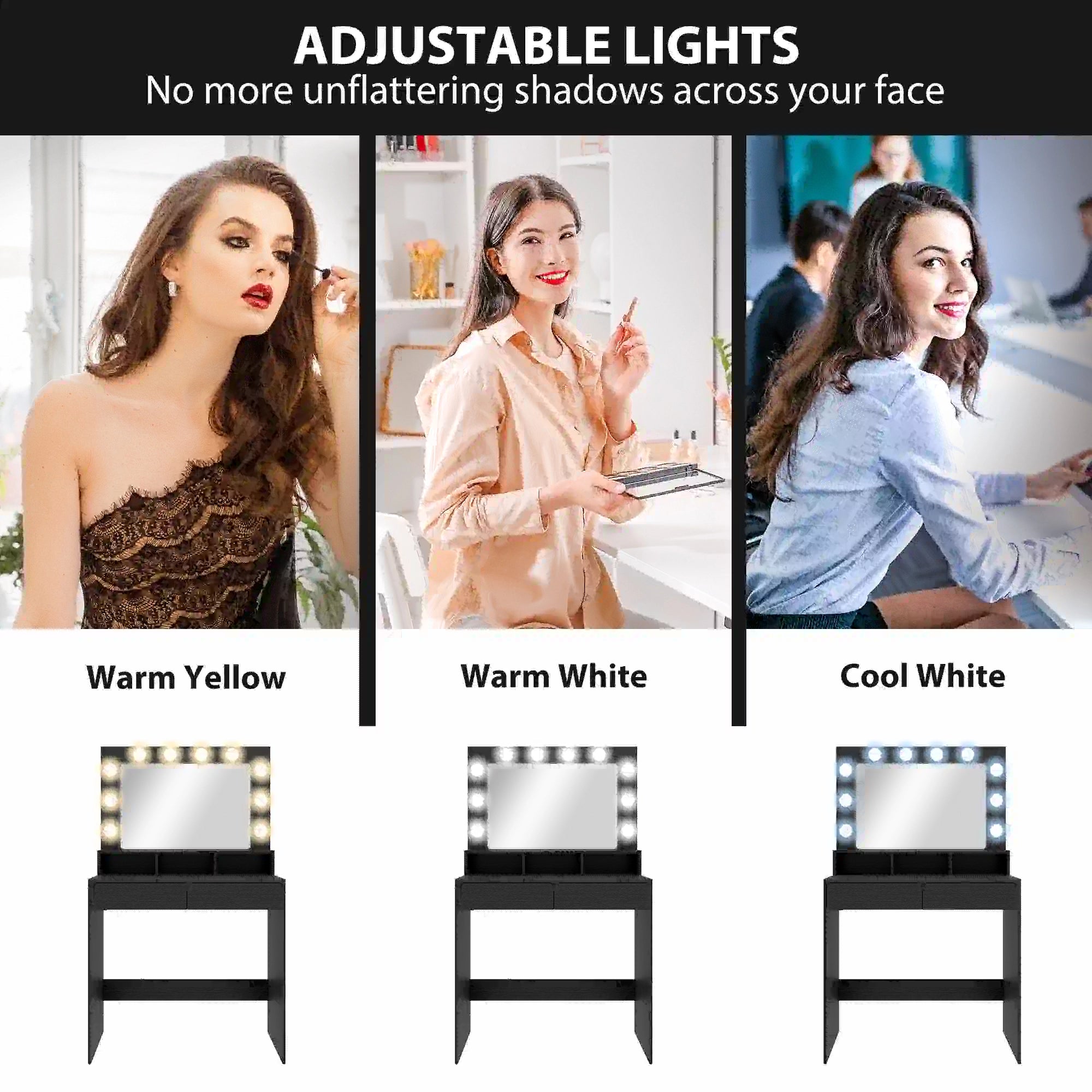 Vanity Table With LED Mirror, Charging Station, Drawers, Black Dressing & Vanity Tables at Gallery Canada