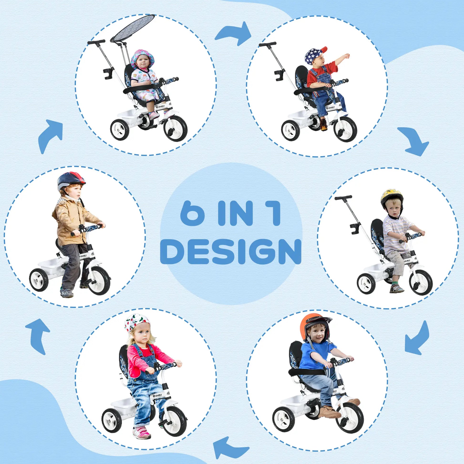 6 in 1 Kids Tricycle, Removable Handlebar, Canopy, Blue Tricycles for Kids at Gallery Canada