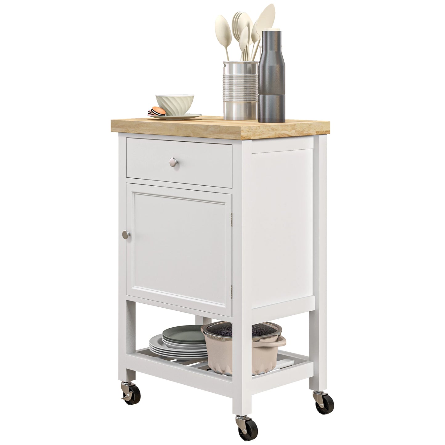 Kitchen Cart on Wheels, Wood Top, Towel Rack, Drawer, Shelf, White Kitchen Islands & Kitchen Carts White, Oak at Gallery Canada