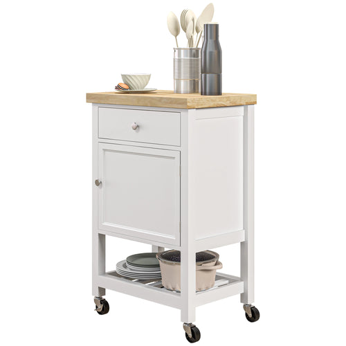 Kitchen Cart on Wheels, Wood Top, Towel Rack, Drawer, Shelf, White