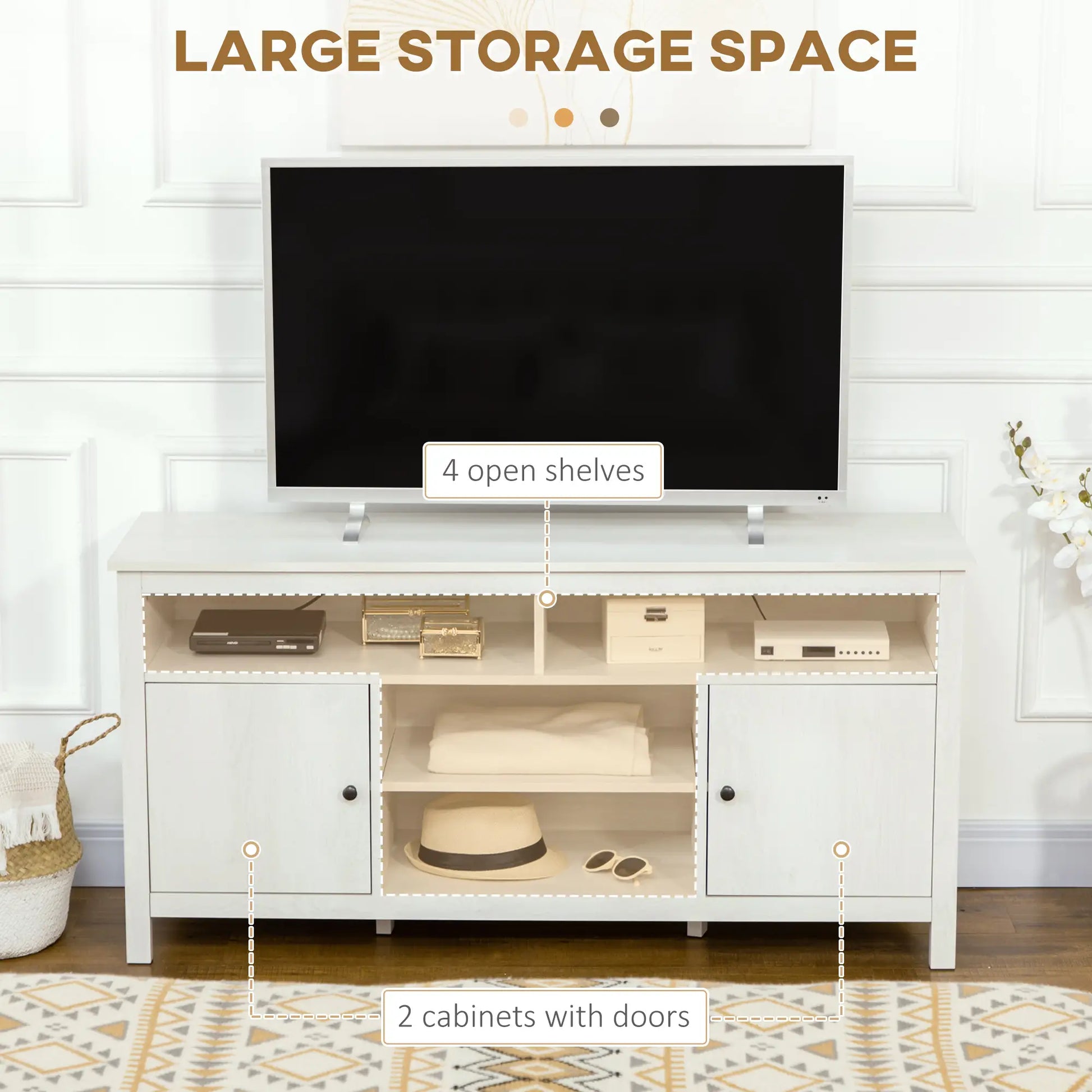 TV Stand for 55" TVs, Storage Cupboard, Shelves, 55.1" x 15.7" x 27", White TV Stands at Gallery Canada