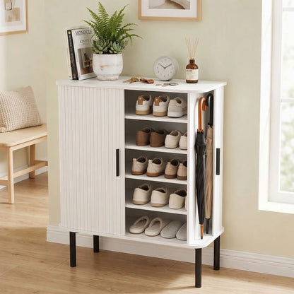 Shoe Cabinet Adjustable Shelves Side Cubbies Tambour Door, White