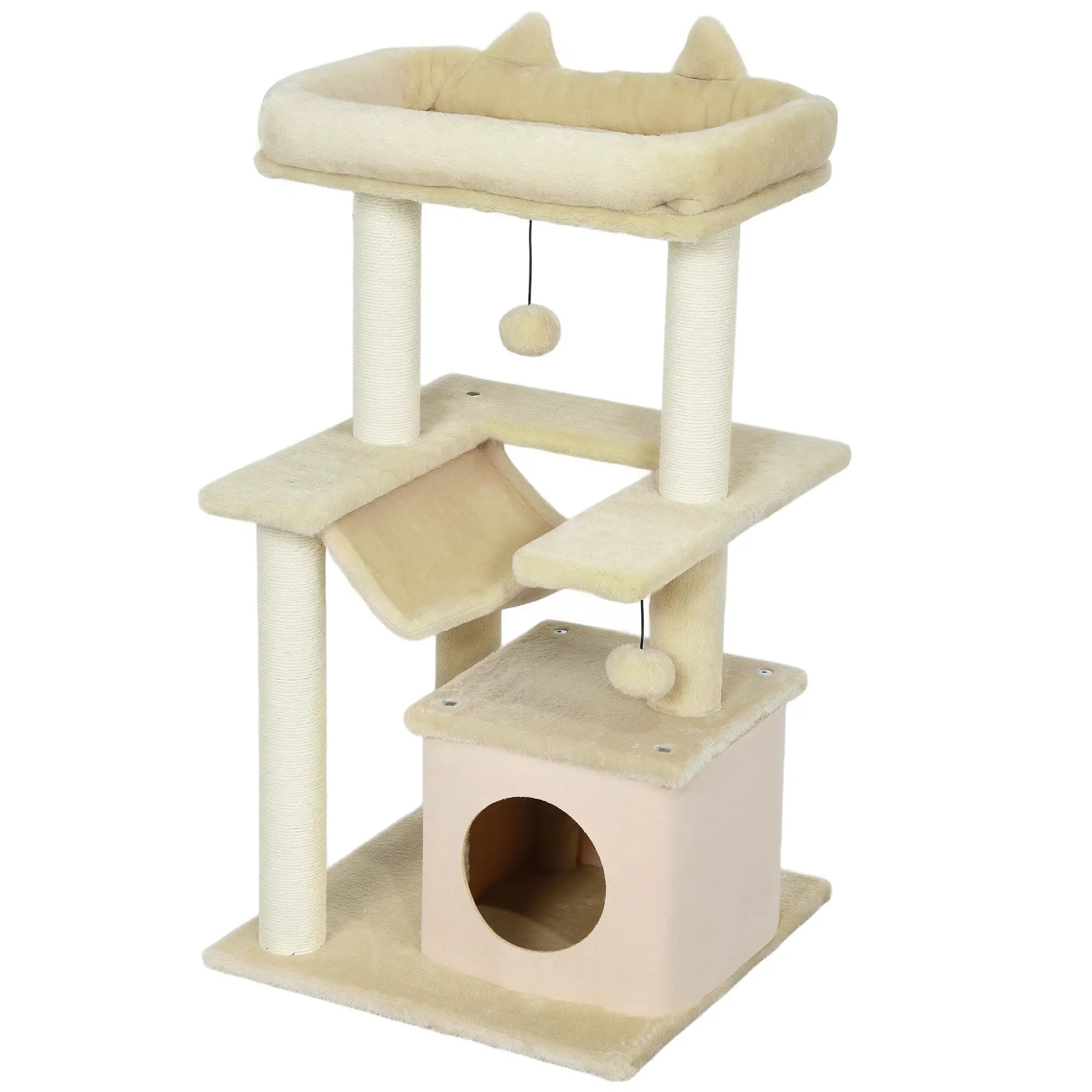 39.25'' Cat Tree Tower, Multi-Level Kitten House, Scratching Post, Hammock Bed, Beige Cat Posts Beige at Gallery Canada