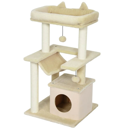 39.25'' Cat Tree Tower, Multi-Level Kitten House, Scratching Post, Hammock Bed, Beige Cat Posts Beige at Gallery Canada