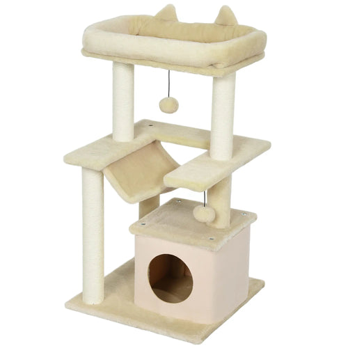 39.25'' Cat Tree Tower, Multi-Level Kitten House, Scratching Post, Hammock Bed, Beige