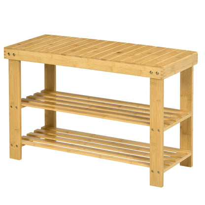 Banc à chaussures en bambou à 3 niveaux, bois naturel, 2 étagères