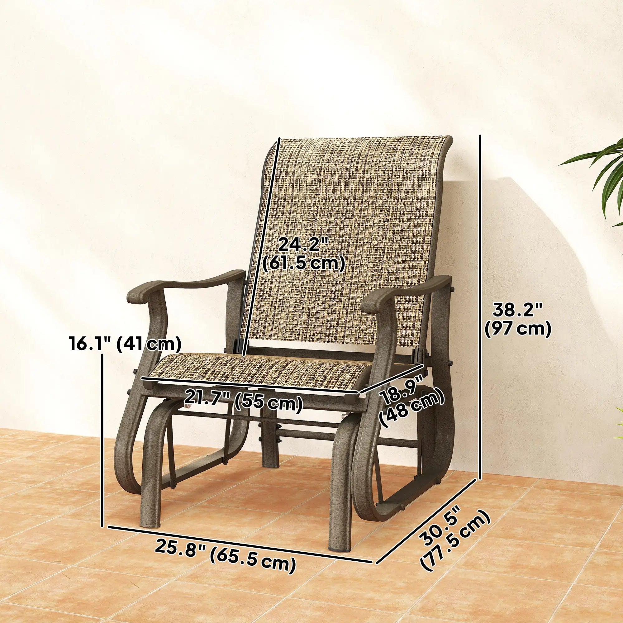 Outdoor Glider Chair, Steel Frame Mesh Fabric, Light Mixed Brown, Brown Outdoor Gliders at Gallery Canada