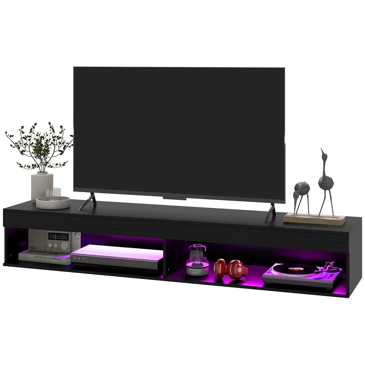 Wall Mounted TV Stand with Storage, LED Lights, 75", Black TV Stands Black at Gallery Canada