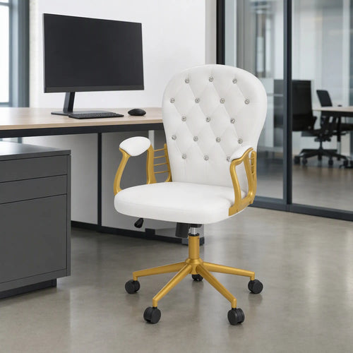 Velvet Office Chair, Button Tufted, Swivel Wheels, Adjustable Height, Cream White