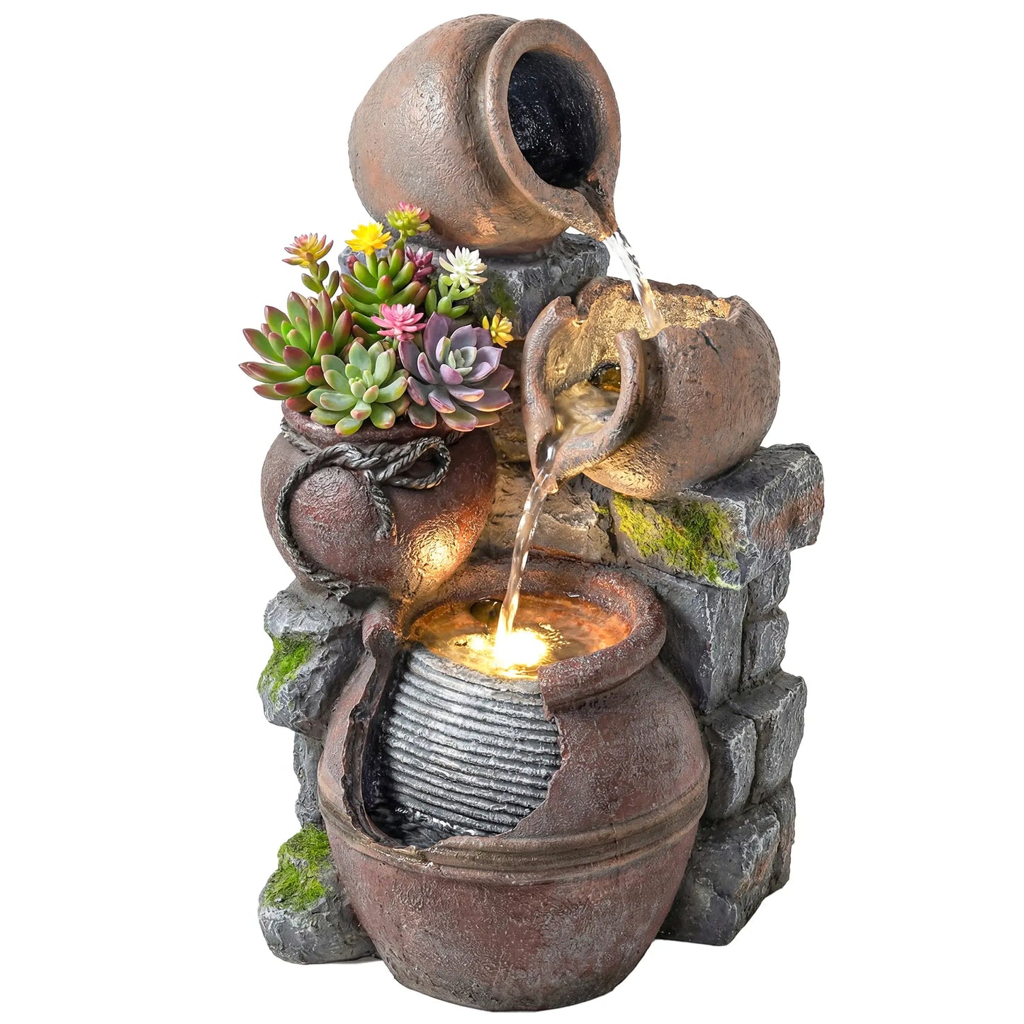 Outdoor Fountain, 4-Tier Rustic Pot, Cascading Rock Waterfall, LED Lights, Adjustable Flow Water Fountains at Gallery Canada