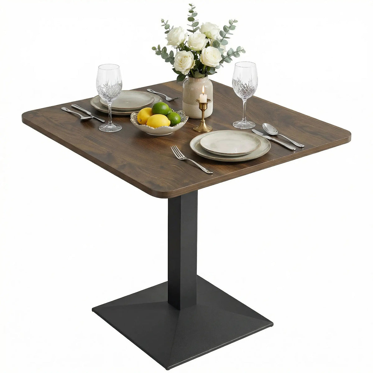 28" Square Dining Table, Walnut, Modern Steel Base, Space Saving Kitchen Table Dining Tables at Gallery Canada