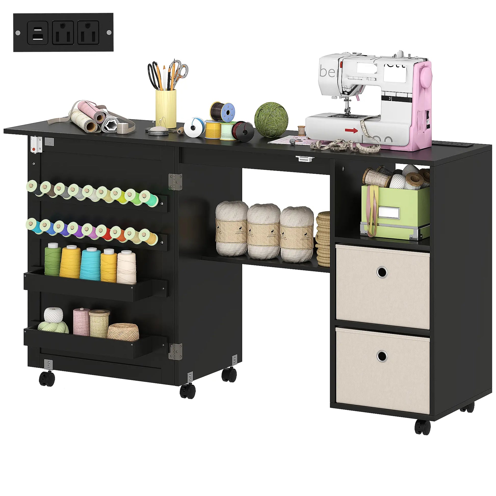 Rolling Sewing Machine Table, Folding Craft Table with Drawers, Bins, Pegs, Black Sewing Cabinets Black at Gallery Canada