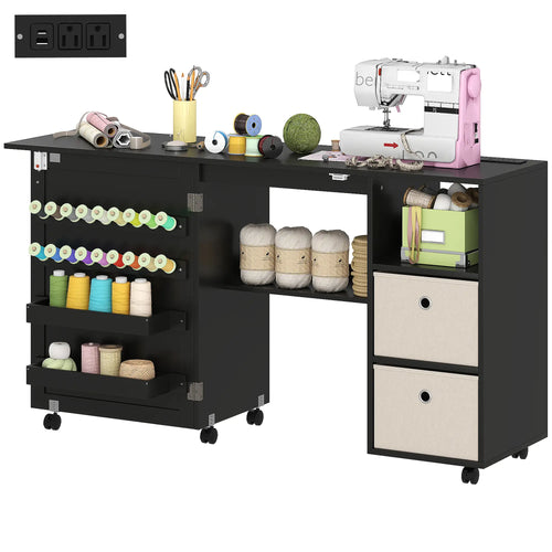 Rolling Sewing Machine Table, Folding Craft Table with Drawers, Bins, Pegs, Black