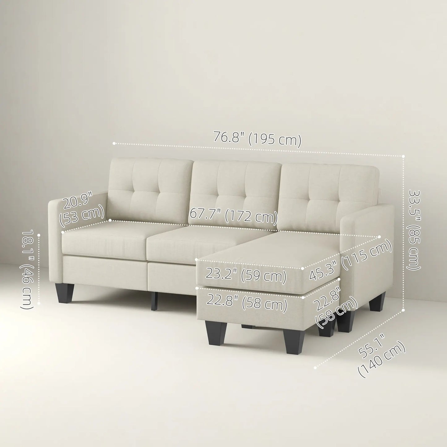 L-Shaped Sofa, 3 Seater Sectional with Ottoman, Beige 3-Seater Sofas at Gallery Canada