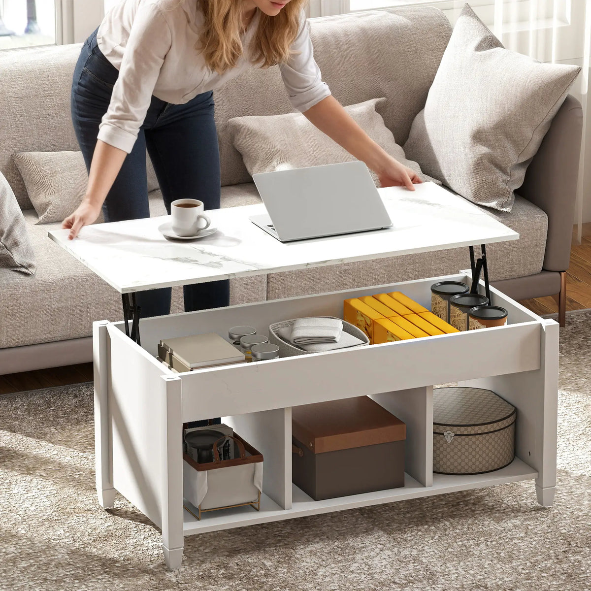 Lift Top Coffee Table, Storage Shelves, Hidden Compartment, 41" L, White Coffee Tables at Gallery Canada