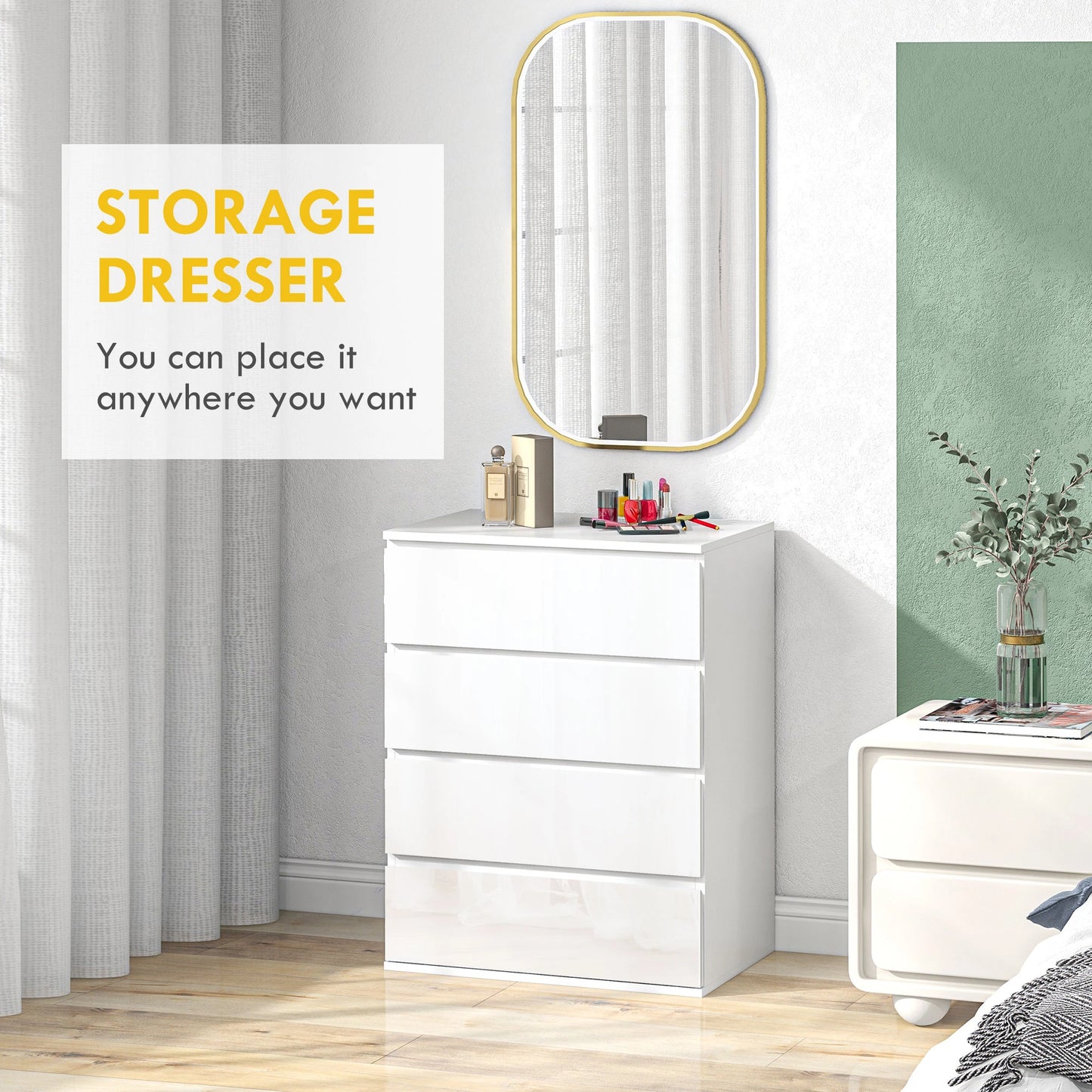 4 Drawer Cabinet, High Gloss, Bedroom Chest, Metal Runners, White Storage Cabinets at Gallery Canada