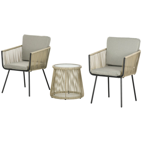 3 Piece Outdoor Patio Bistro Set, Wicker Rattan Furniture with Metal Legs for Garden, Backyard, Coffee and Light Grey