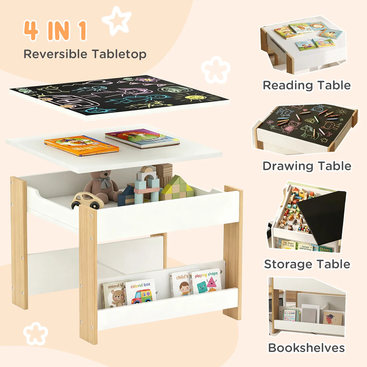 3 Piece Kids Table and Chair Set, Reversible Tabletop, Blackboard, Storage, Bookshelf, Natural Kids Table Sets at Gallery Canada