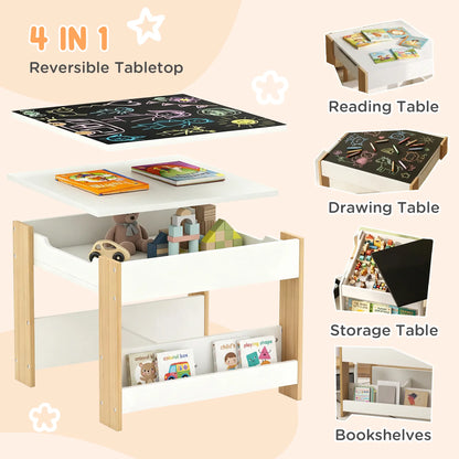 3 Piece Kids Table and Chair Set, Reversible Tabletop, Blackboard, Storage, Bookshelf, Natural Kids Table Sets at Gallery Canada