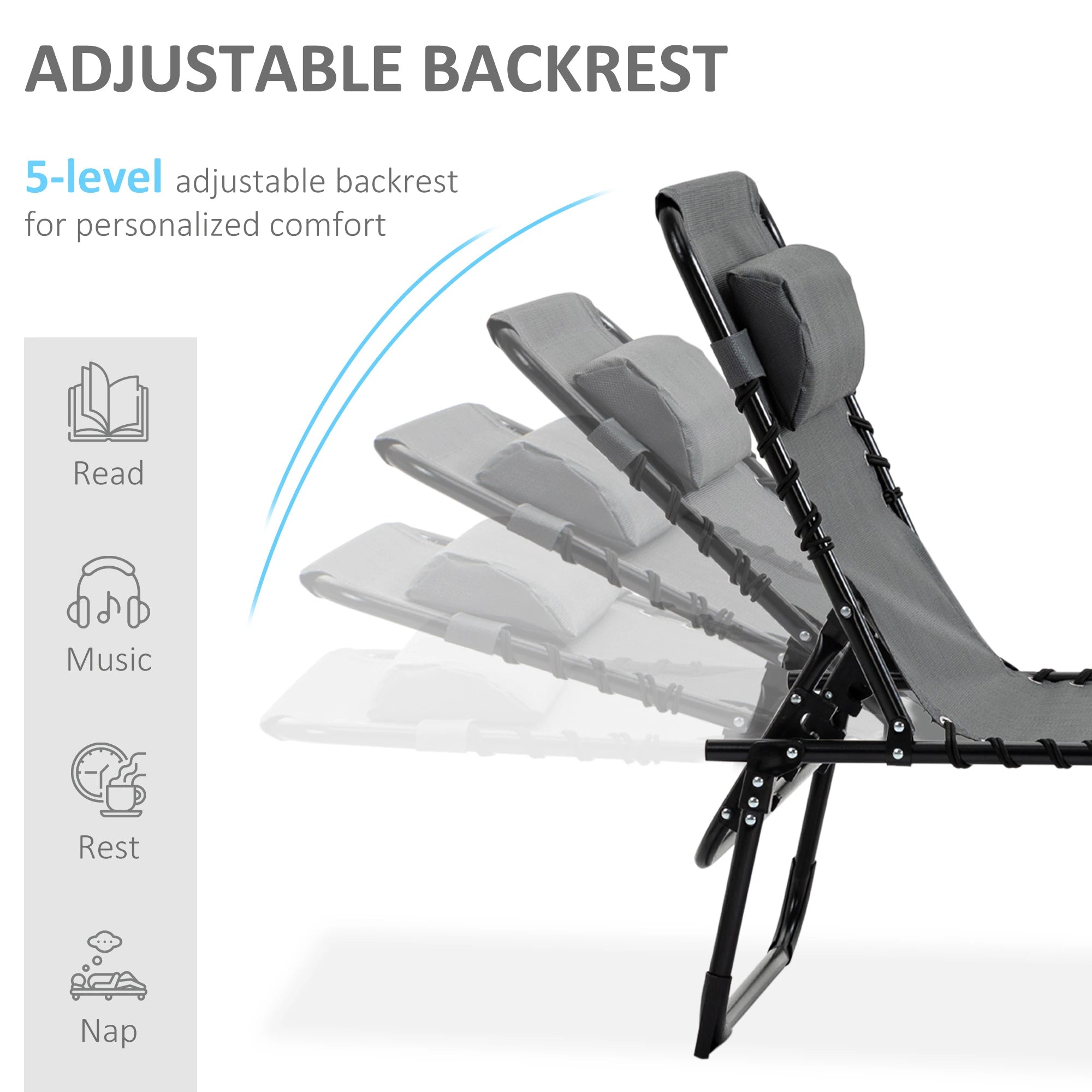 Outdoor Folding Chaise Lounge, Adjustable Backrest, Removable Pillow, Grey Lounger Chairs at Gallery Canada