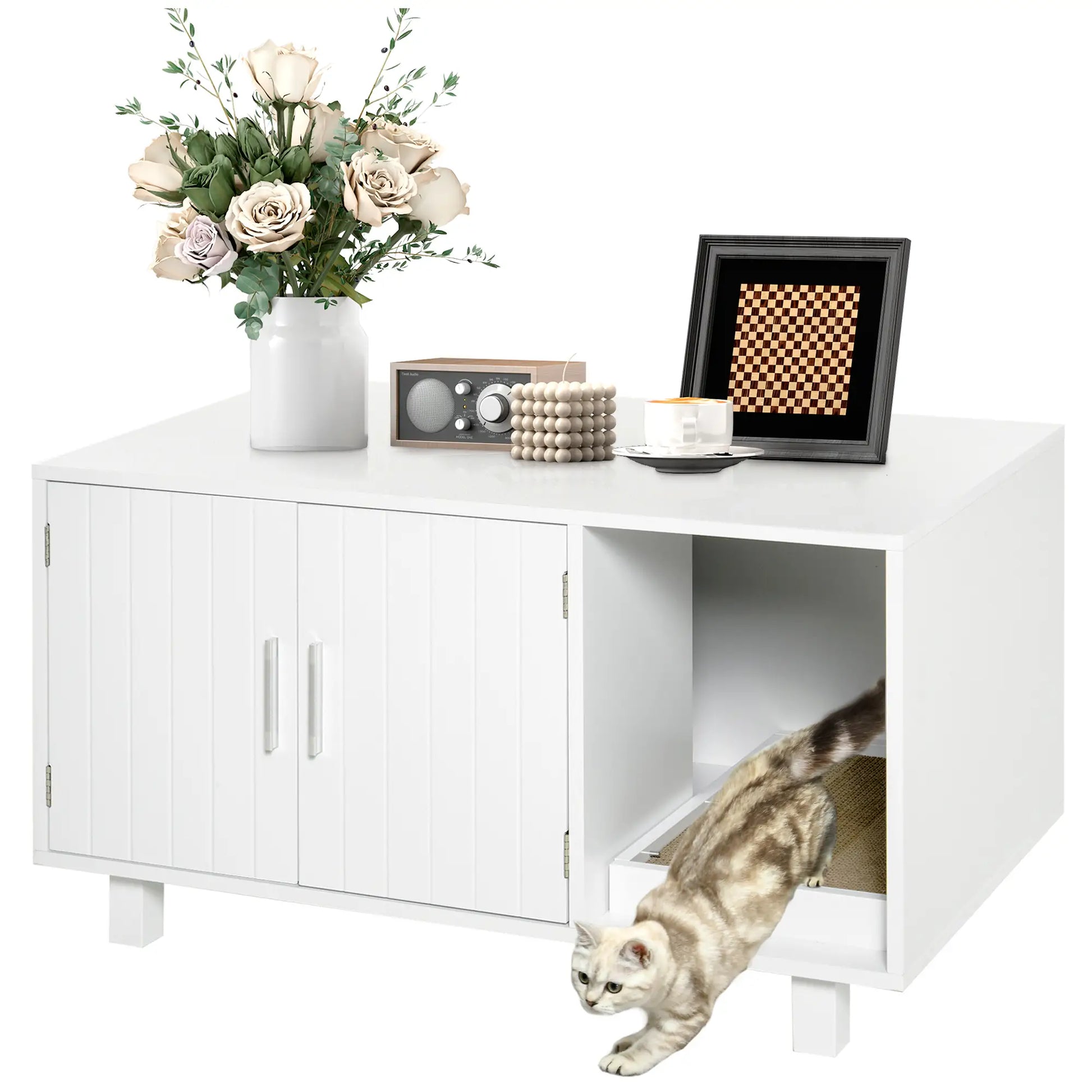 Cat Litter Box Enclosure, Hidden Furniture, End Table with Scratching Pad, White Cat Litter Box Enclosures White at Gallery Canada