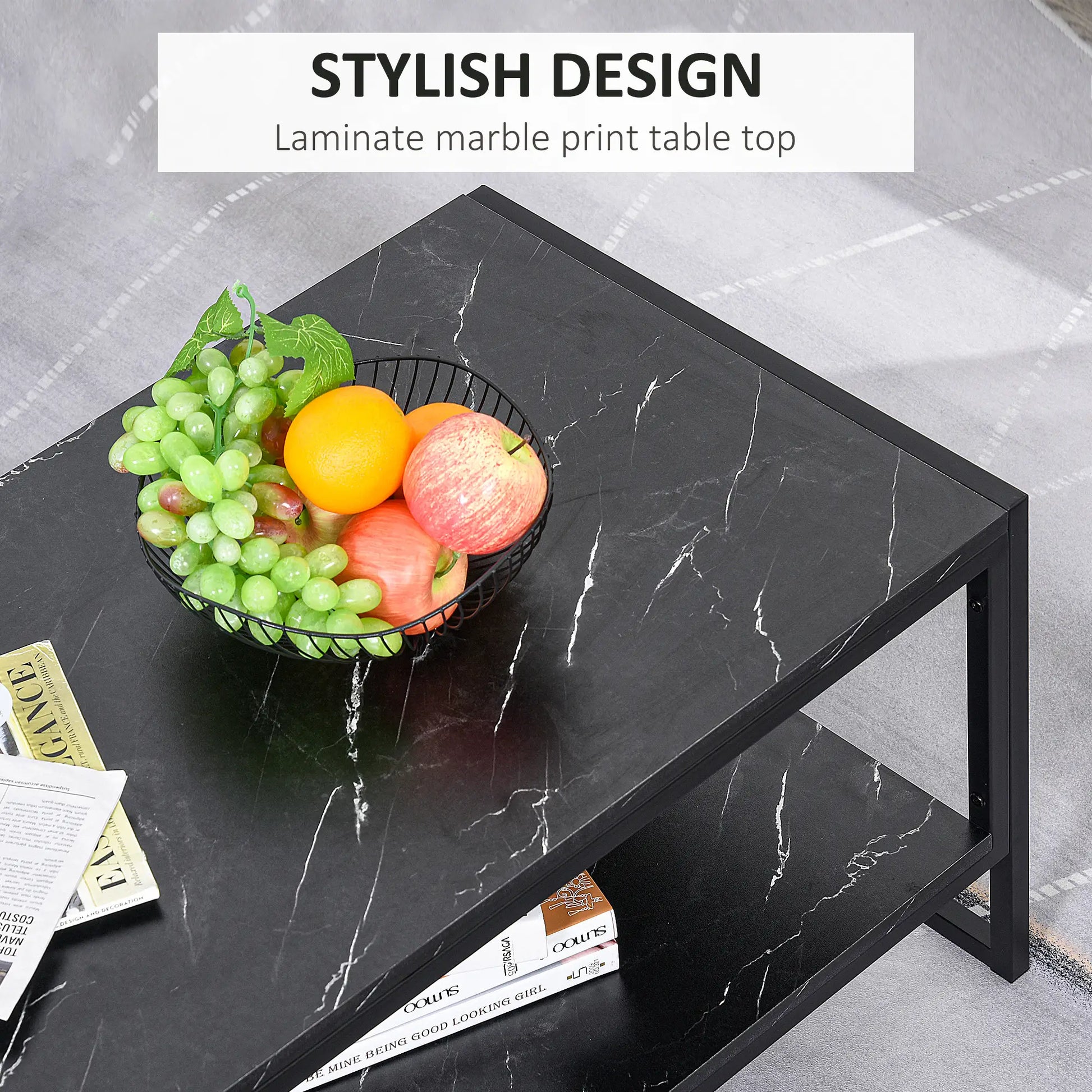 2-Tier Coffee Table with Storage, Marble Textured Top, Black Coffee Tables at Gallery Canada