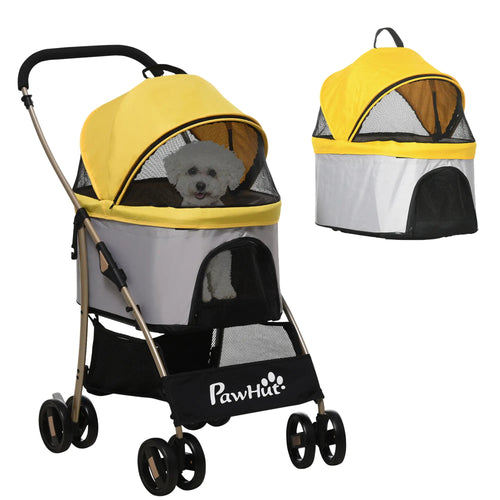 4 Wheels Pet Stroller, Folding Carrier for Small Dogs, Detachable, Yellow