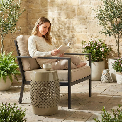 12.4" Steel Patio End Table, Round Hollow Drum Side Table, Khaki Patio Side Tables at Gallery Canada
