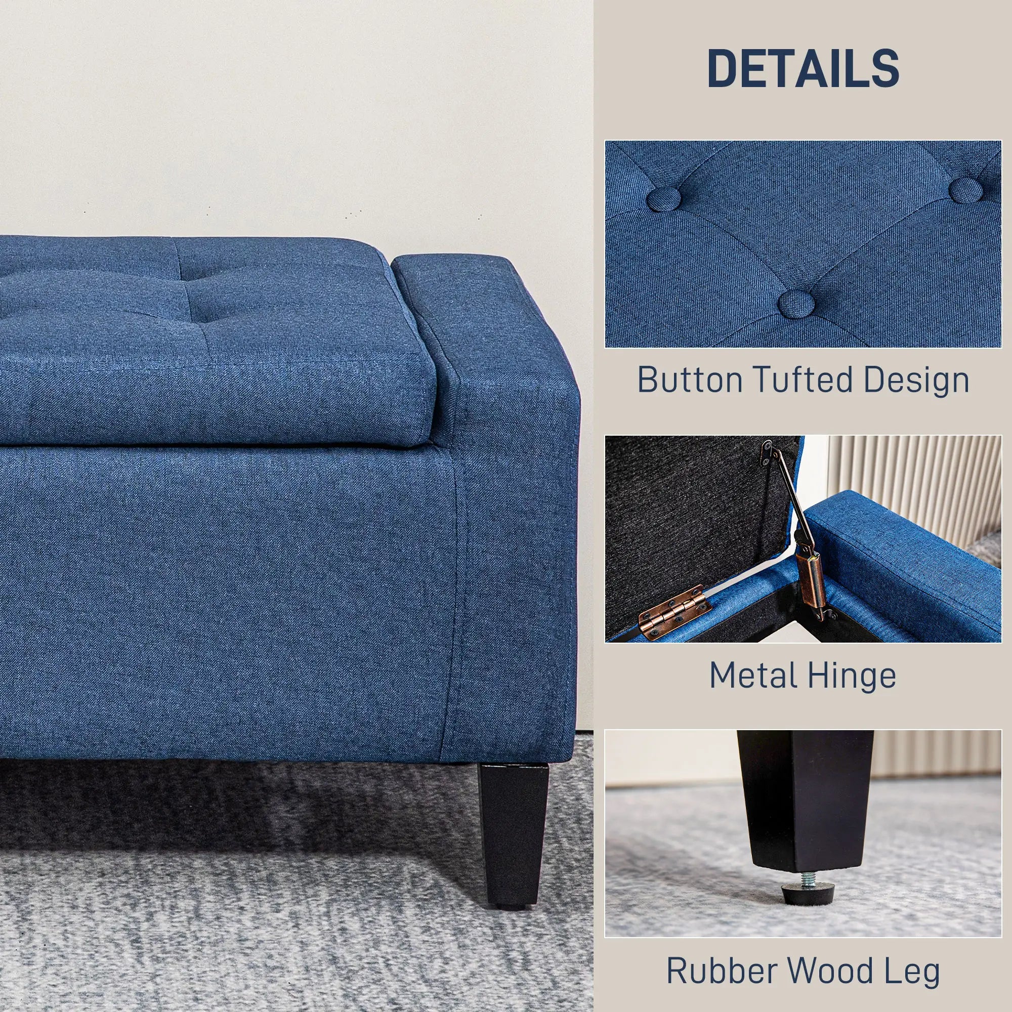 Storage Ottoman Bench, Linen Upholstered, Tufted, Dark Blue Storage Ottomans & Benches at Gallery Canada