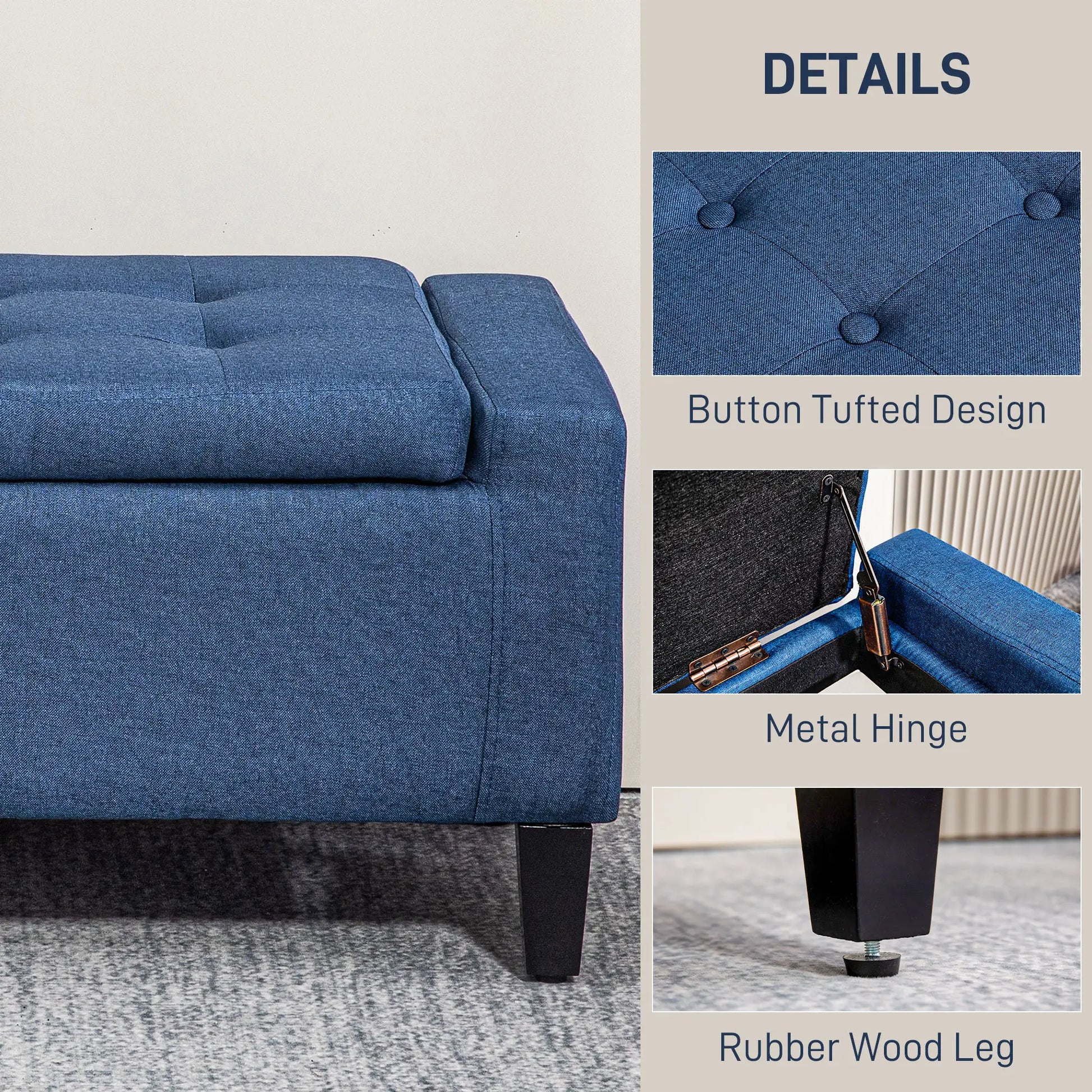 Storage Ottoman Bench, Linen Upholstered, Tufted, Dark Blue Storage Ottomans & Benches at Gallery Canada