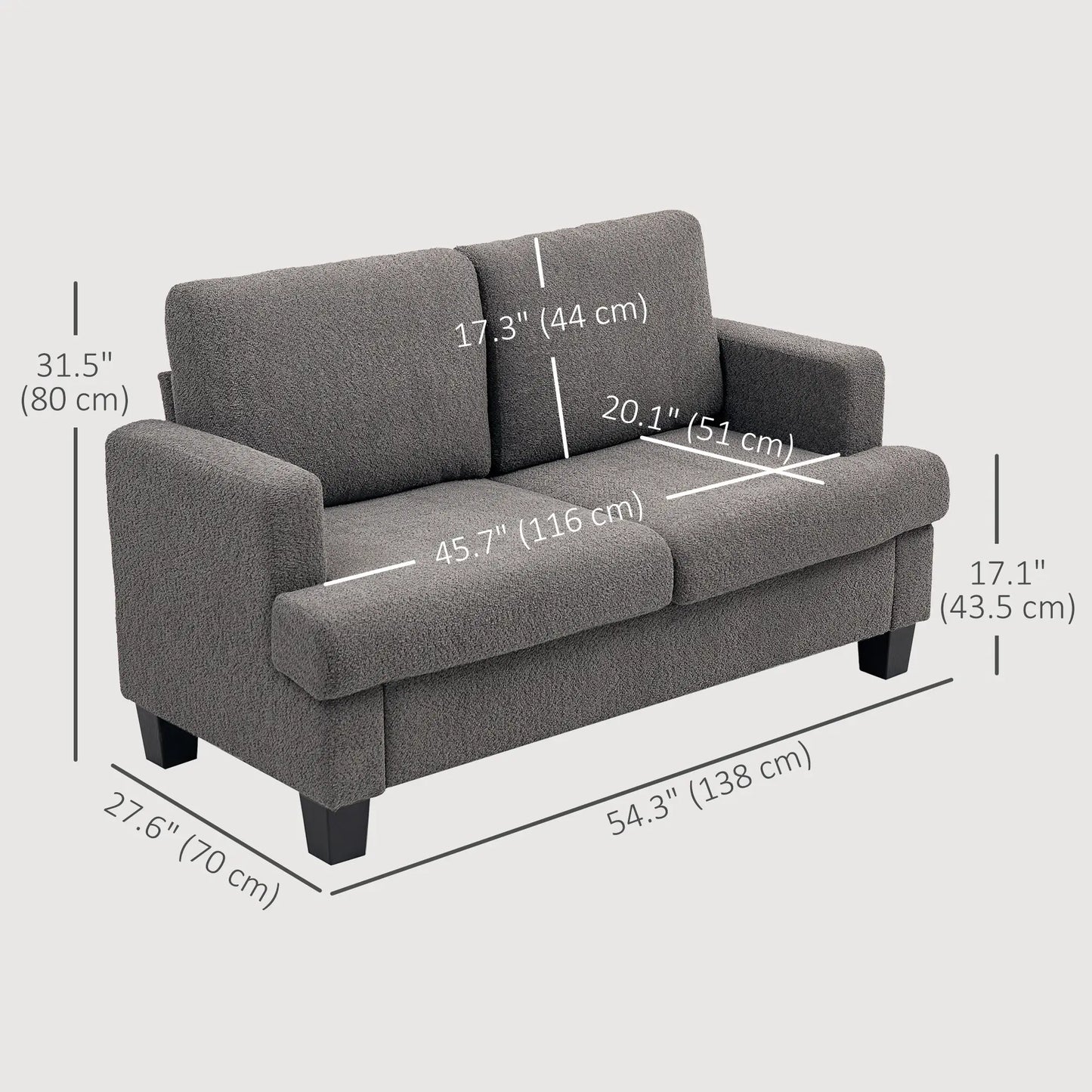 54.3" Loveseat Sofa, 2 Seater, Removable Cushions, Solid Wood Frame, Dark Grey 2-Seater Sofas at Gallery Canada