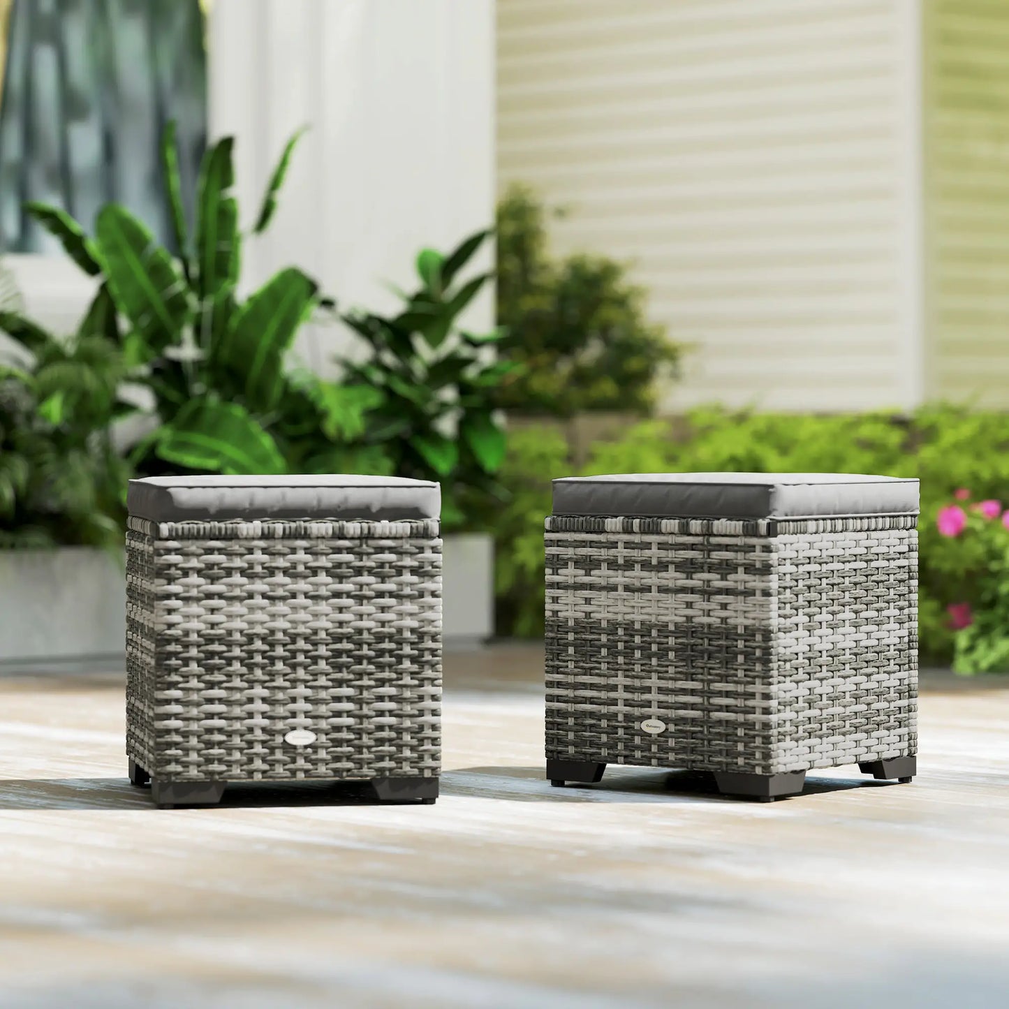 Set of 2 Wicker Ottoman, Outdoor Footstool with Storage &; Removable Cushions for Poolside, Patio, Deck, Grey Patio Furniture Sets at Gallery Canada