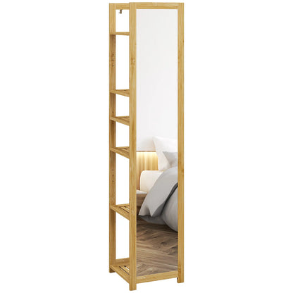 66" x 14" Standing Mirror, 6-Tier Shelf, Full Body Floor Mirror, Nature Wood Bathroom Cabinets at Gallery Canada