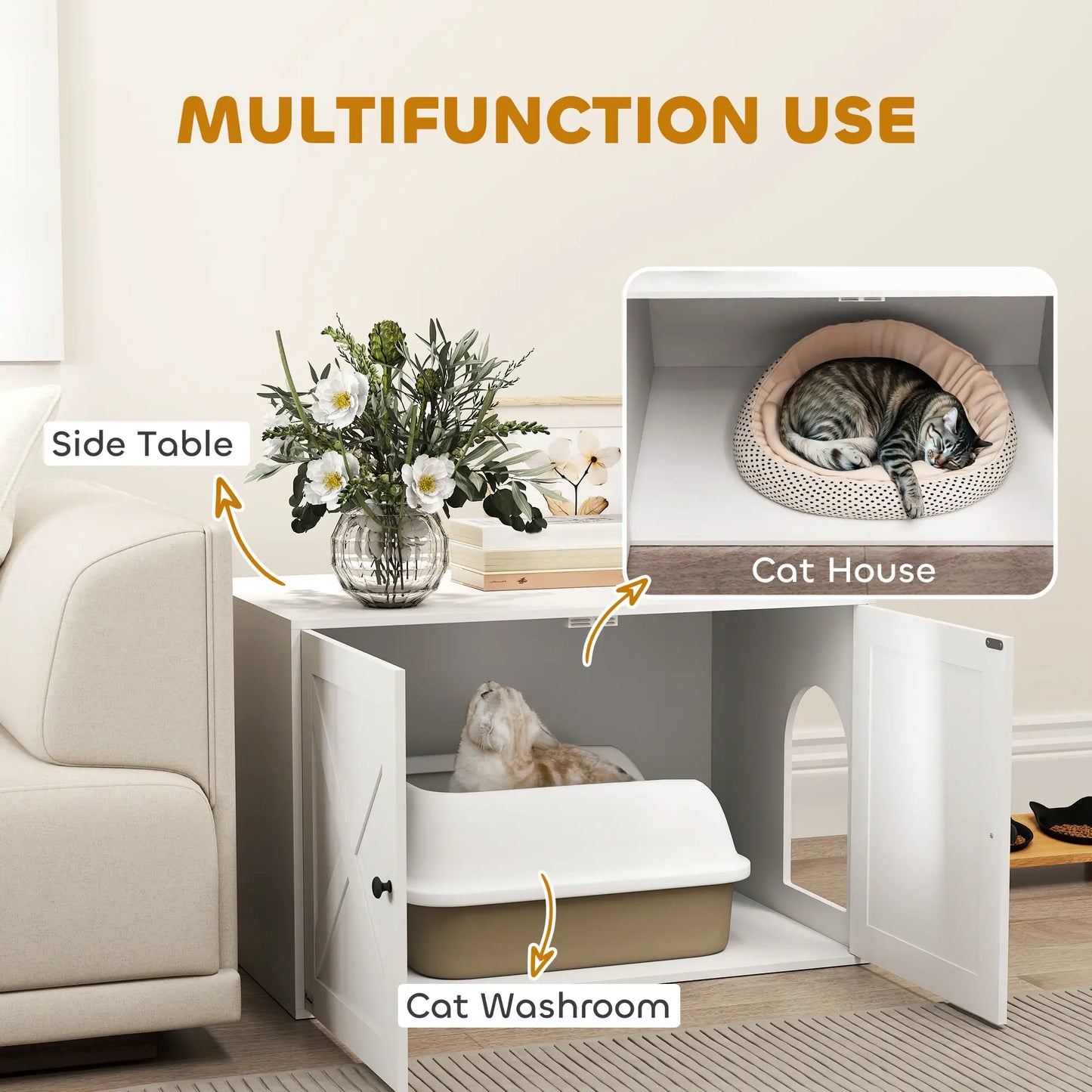 Cat Litter Box Enclosure, Double Doors, Handles, 31.5" x 21" x 20", White Cat Litter Box Enclosures at Gallery Canada