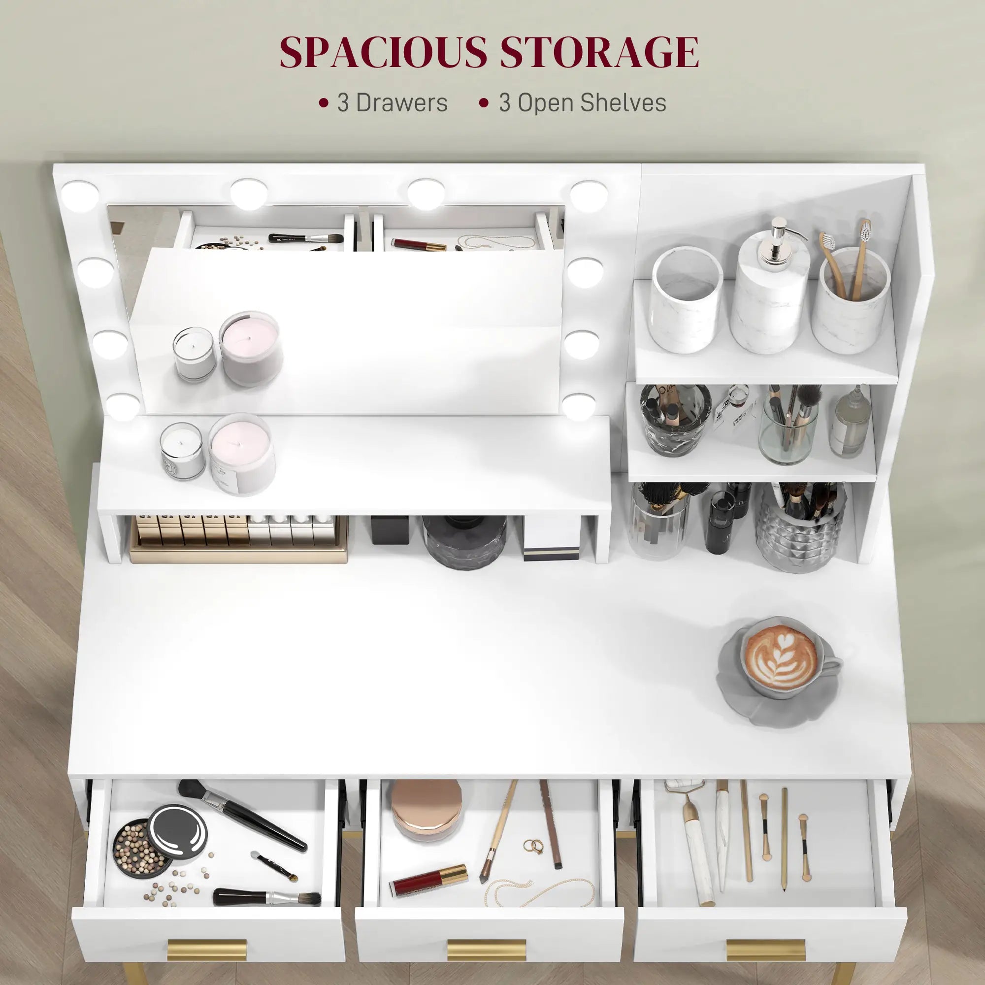 LED Vanity Table with Mirror, 3 Drawers, Storage Shelves, White Dressing & Vanity Tables at Gallery Canada