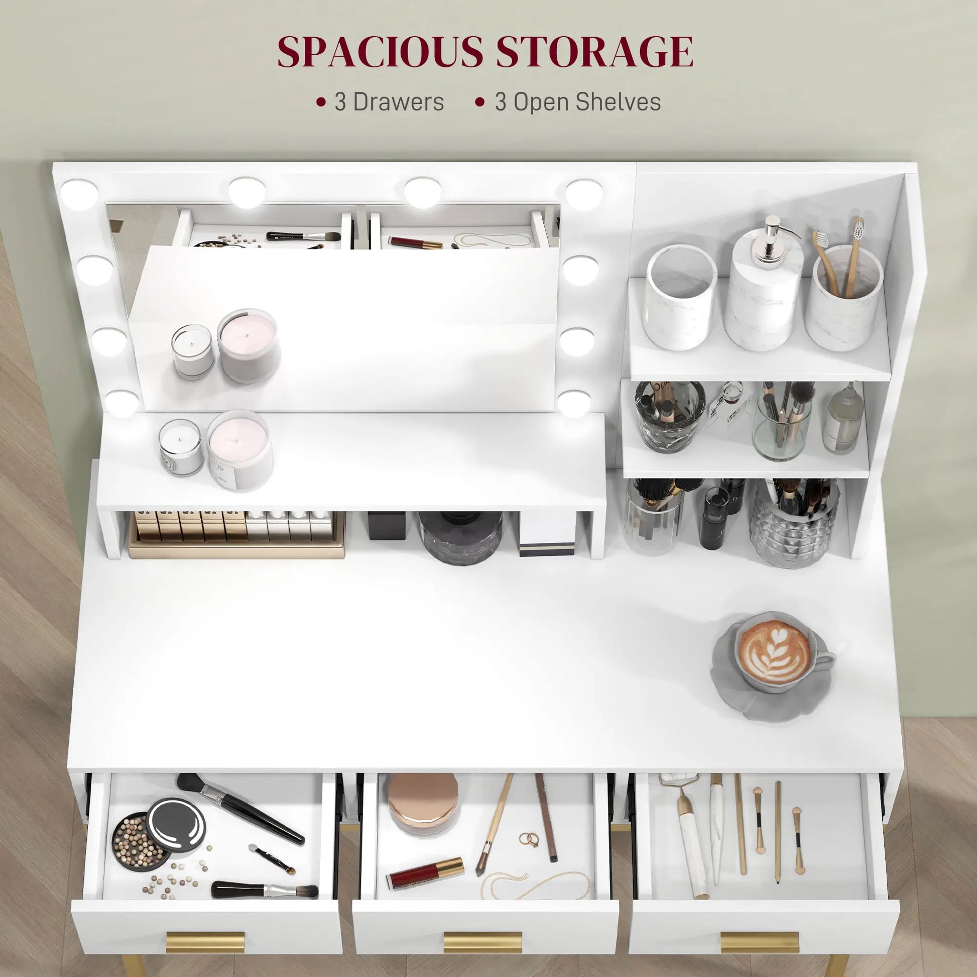 LED Vanity Table with Mirror, 3 Drawers, Storage Shelves, White Dressing & Vanity Tables at Gallery Canada