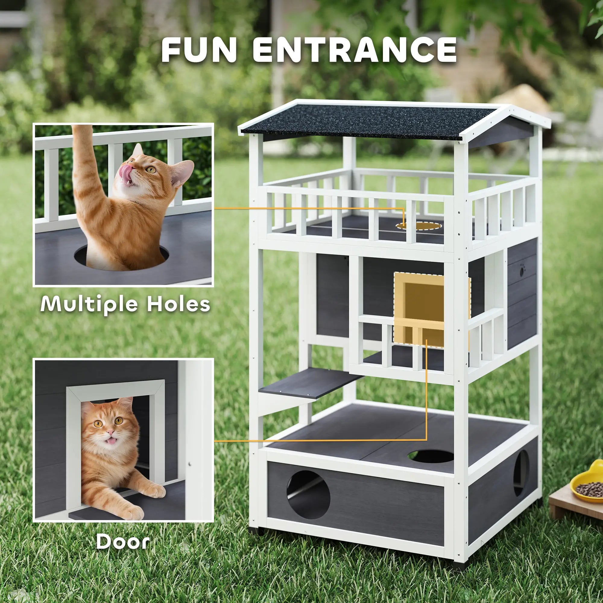 4-Floor Wood Outdoor Cat House, Condo, Fun Entrances, Perch, Grey Cat Houses at Gallery Canada