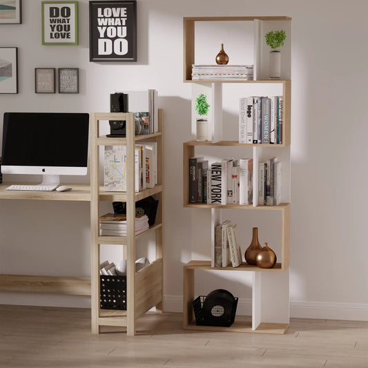 5-Tier Geometric Bookcase, Modern Room Divider, White Display Bookshelves White at Gallery Canada