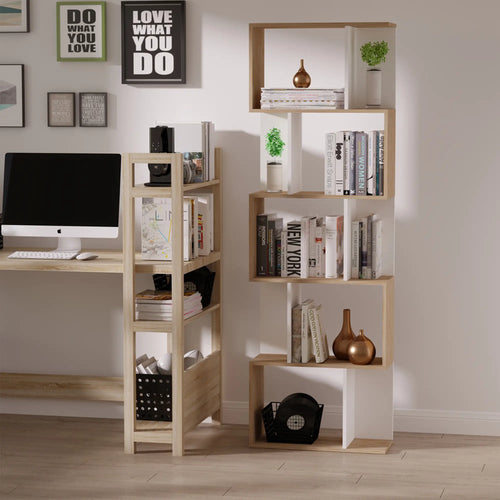 5-Tier Geometric Bookcase, Modern Room Divider, White