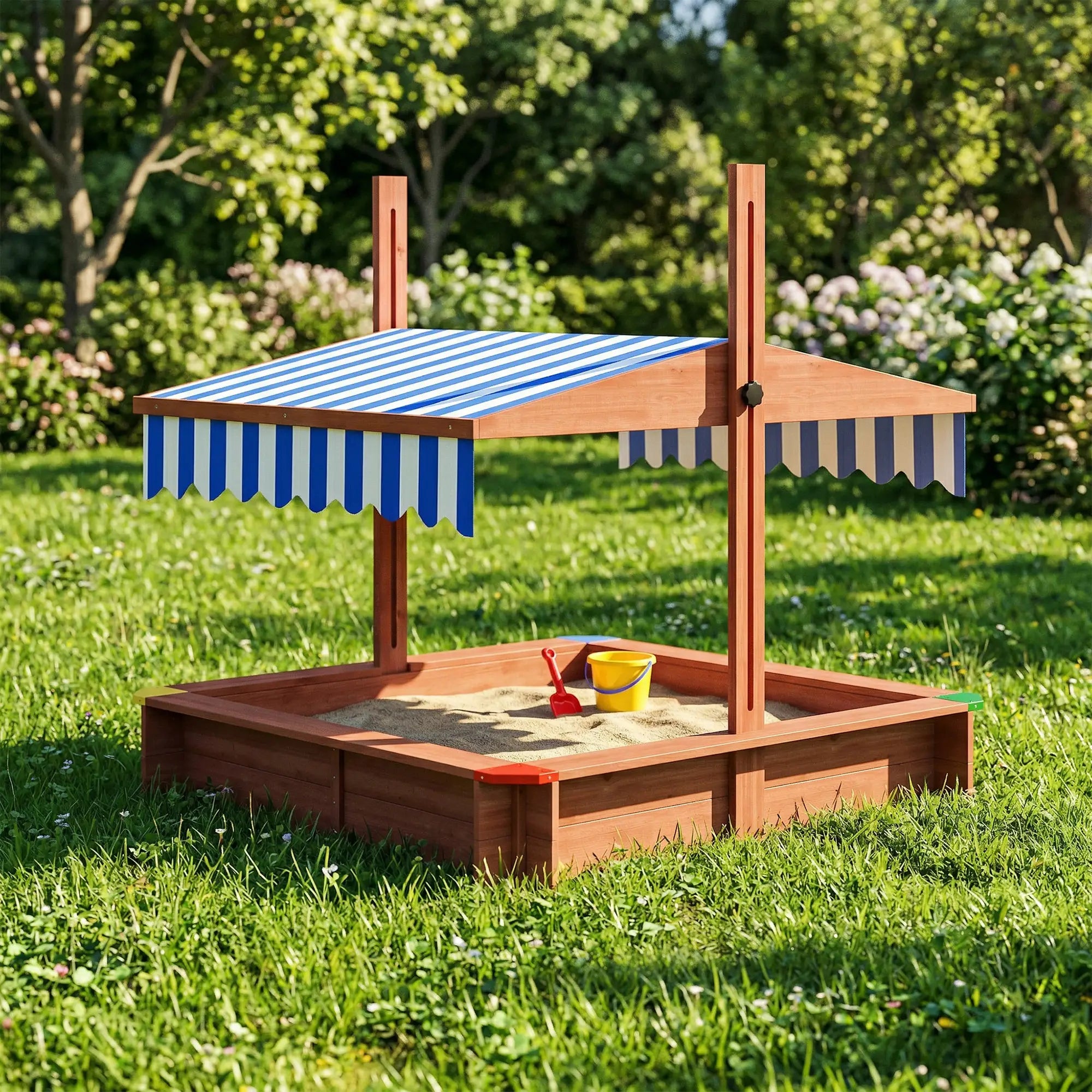 Wooden Sandbox with Cover, Adjustable Canopy, Seats, Dark Brown Sandboxes & Accessories at Gallery Canada