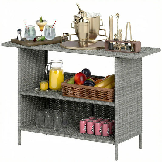 Wicker Outdoor Bar Table, PE Rattan, 2 Shelves, Steel Frame, Dark Grey, Dark Grey Patio Side Tables Dark Grey at Gallery Canada