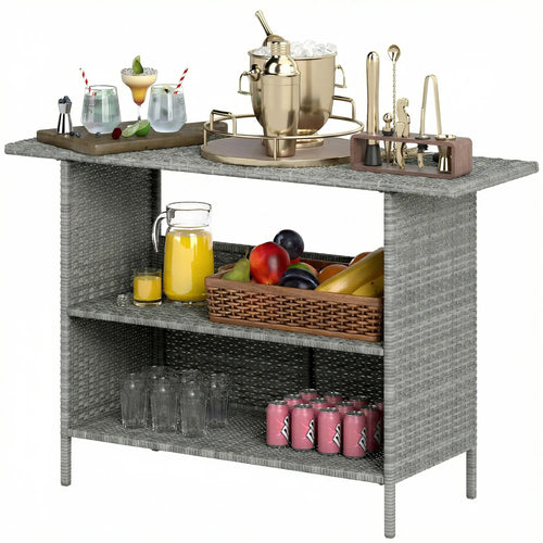 Wicker Outdoor Bar Table, PE Rattan, 2 Shelves, Steel Frame, Dark Grey, Dark Grey