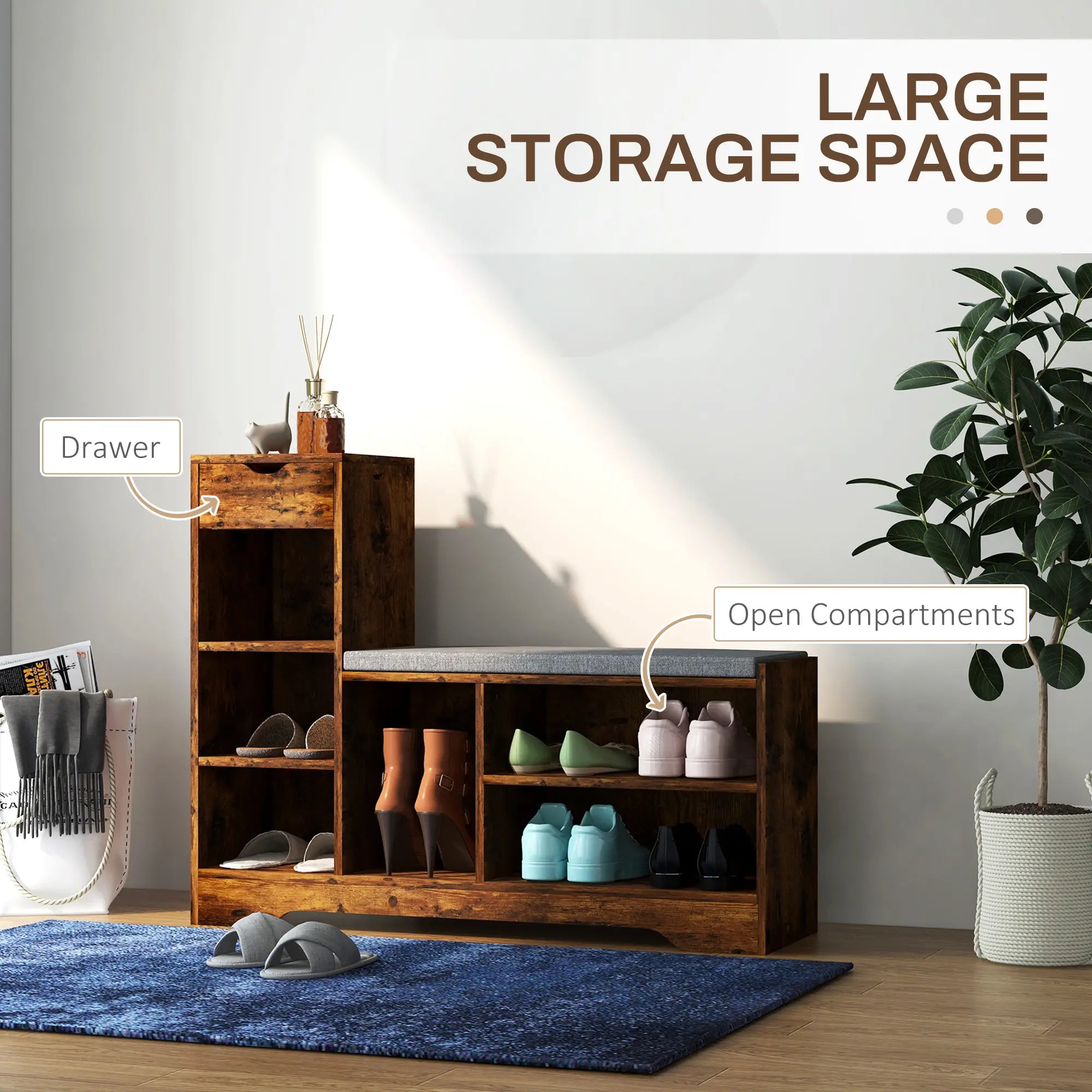 Upholstered Shoe Storage Bench With Seat, Drawer, 6 Shelves, Rustic Brown Shoe Storage Cabinets & Racks at Gallery Canada