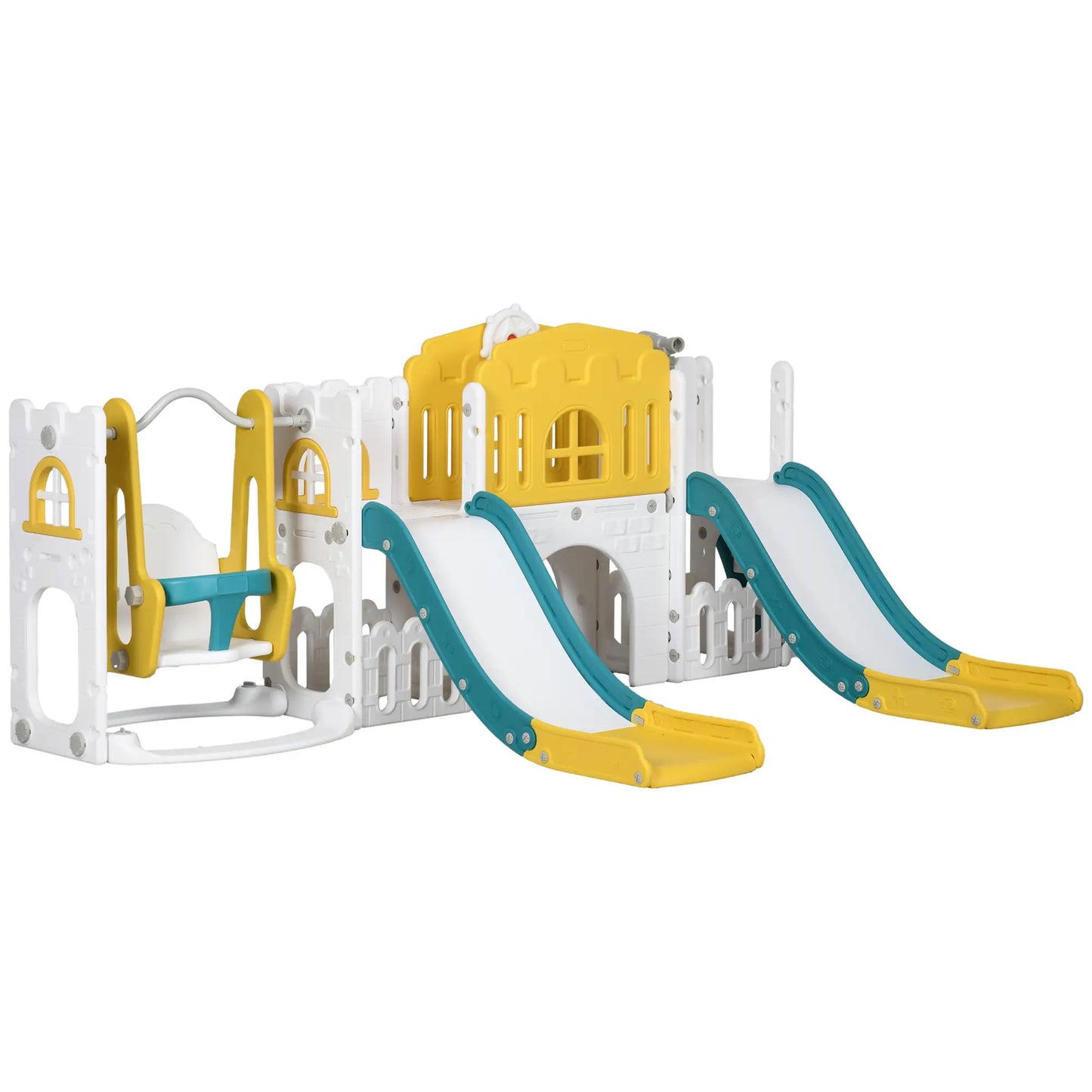 8 in 1 Slide Swing Set, Baby Swing with Basketball Hoop, Climber, Steering Wheel, Ages 1-3, Yellow Gym Sets & Swings White, Yellow at Gallery Canada