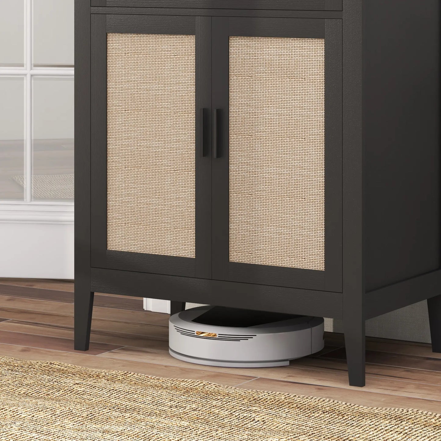 Boho Kitchen Sideboard, 2 Rattan Doors, Drawer, Black Storage Cabinets at Gallery Canada